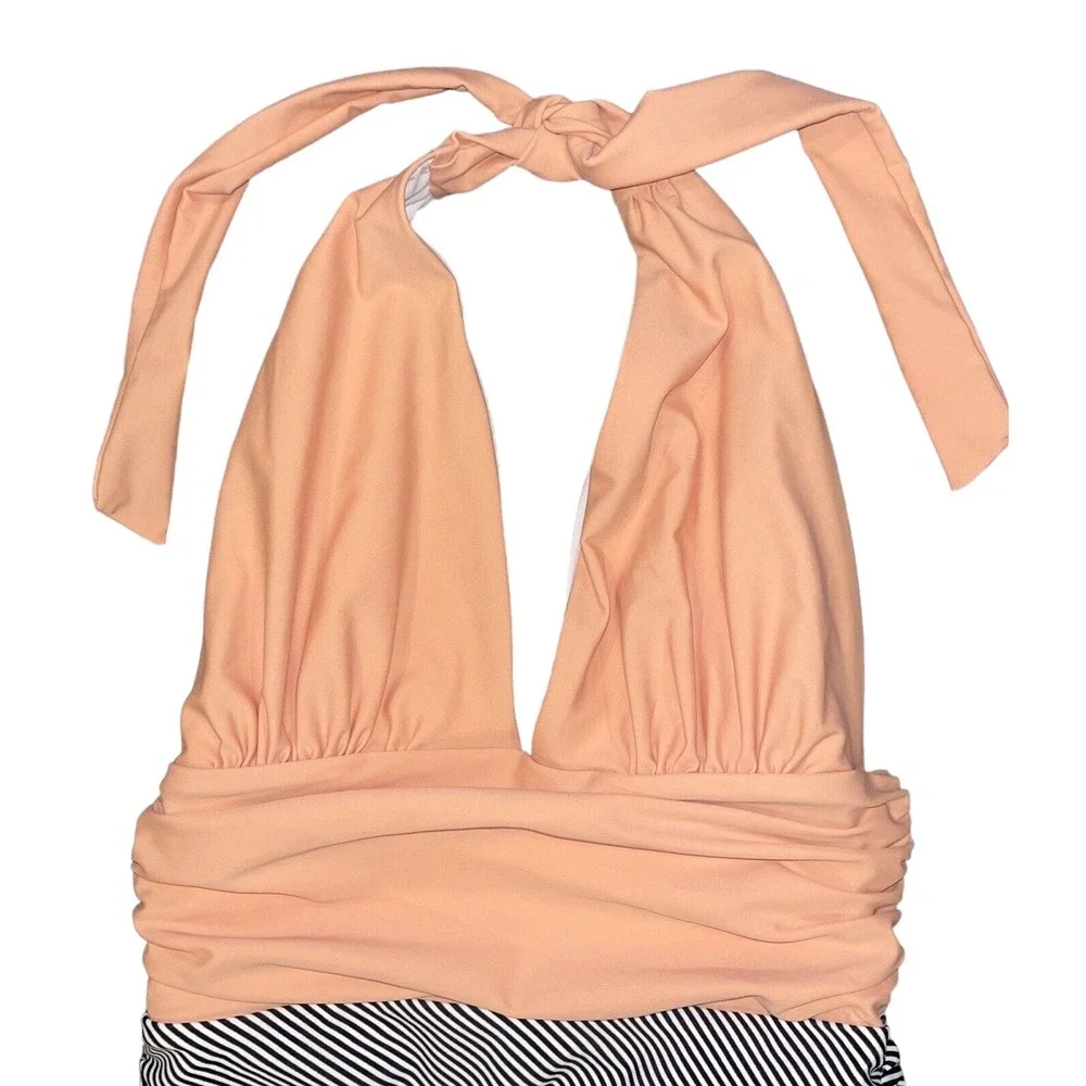 Cupshe Women's One Piece‎ Swimsuit Medium Ruching Peachy Pink Navy/White Striped